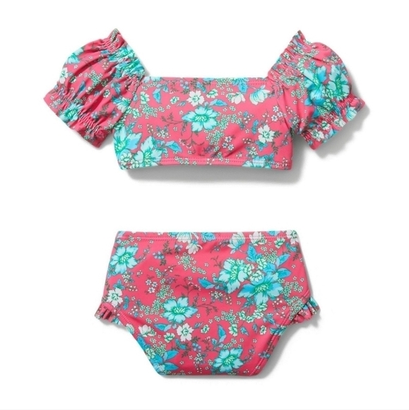 JANIE AND JACK FLORAL PUFF SLEEVE 2-PIECE SWIMSUIT IN PINK TART FLORAL SIZE 4 - Picture 12 of 15